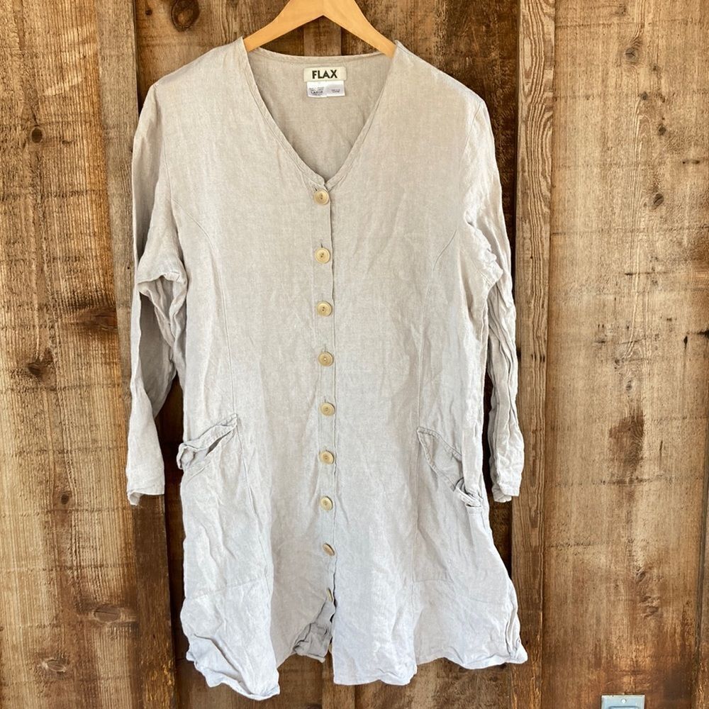 FLAX 100% Linen V-neck Button Front Long Sleeve Tunic/Cardigan Mini Dress- beige